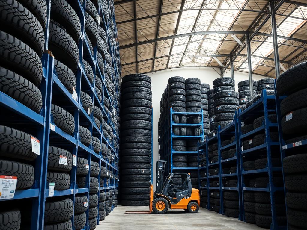 Wholesale tyre warehouse with stacked steel stillages loaded with tyres