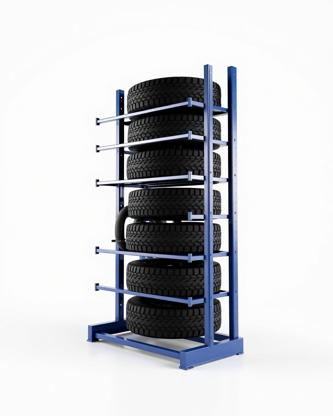 Foldable steel stillage loaded with tyres on a sunlit warehouse floor