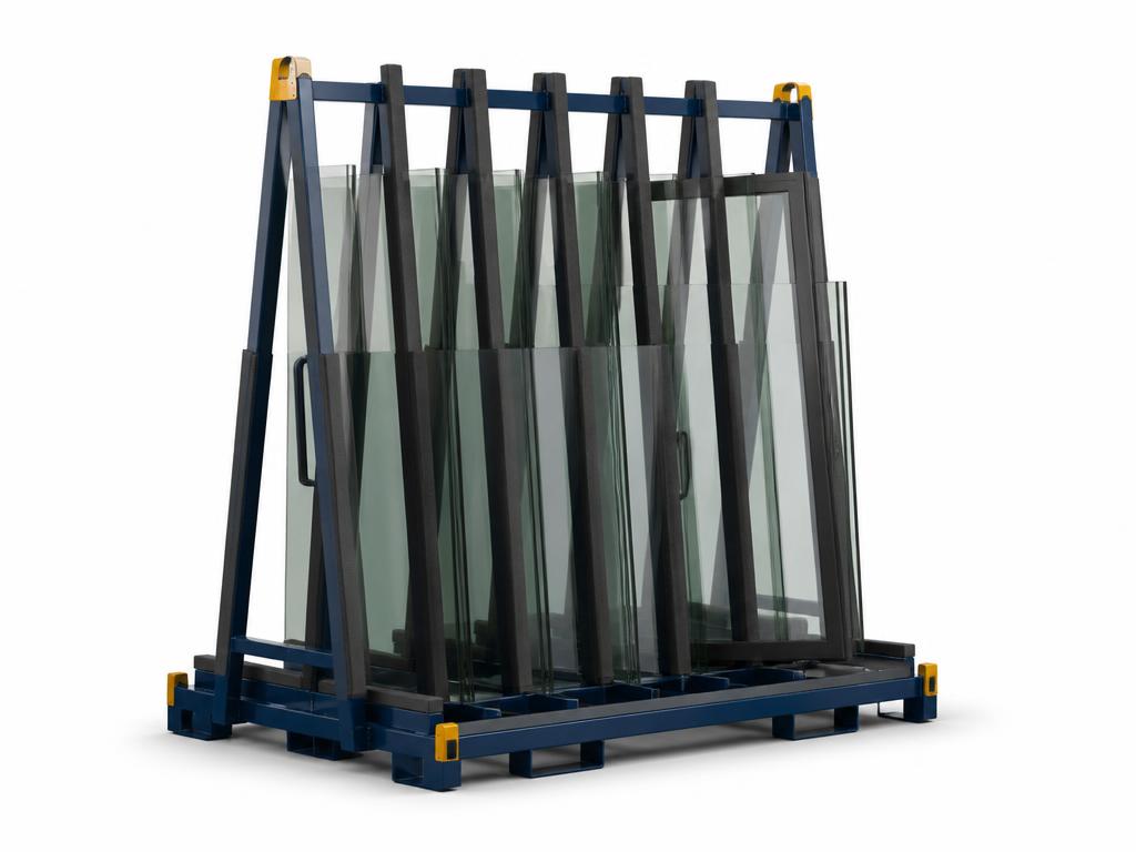Dark blue steel A-frame stillage holding glass sheets, windows and doors upright between padded dividers